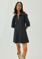Denim V-Neck Collar A-Line Mini Dress